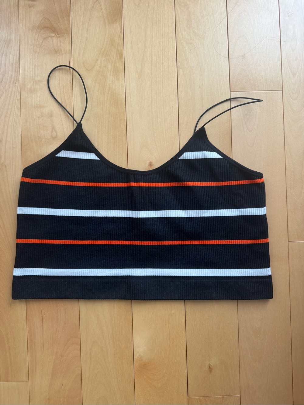 Womenโs Black/White/Orange Striped Spaghetti Strap Crop Top (L)